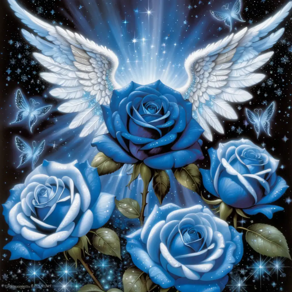 blue rose with angel wings, glitter, glowing, blue, white, black, thomas kinkade, colorspalsh, background