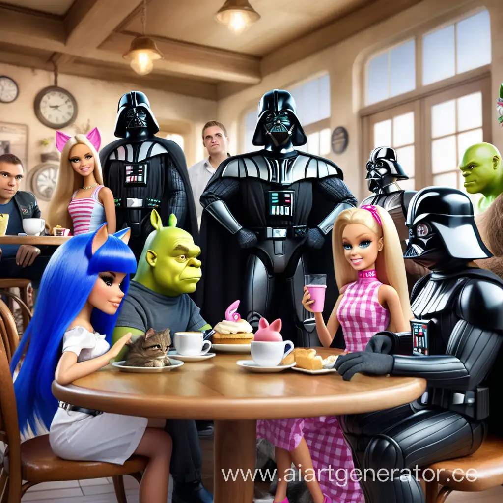 Iconic-Characters-Unite-Shrek-Sonic-Barbie-Pony-Kitten-Gigachad-and-Darth-Vader-Enjoying-a-Cafe-Gathering