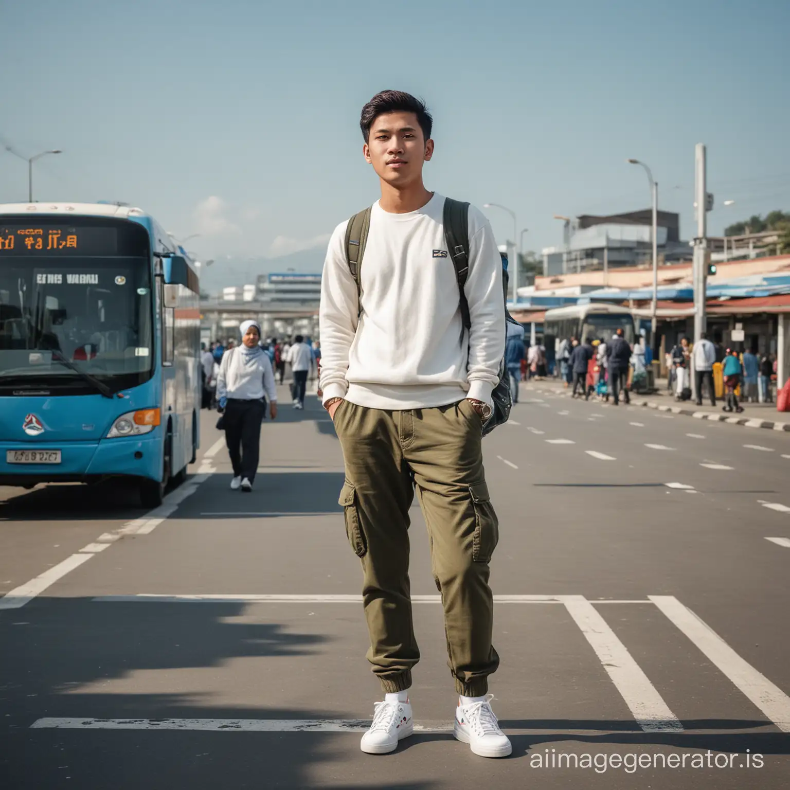 1man, indonesian, slaghtly chubby body, wearing white sweater, olive cargo pants, white sneakers, with aksesories daypack bag. standing at the terminal with several people, with a friendly face looking at the camera waiting for the bus to arrive.  background of busy bus terminals in Bandung city, mid day with clear blue sky. Very detailed, aesthetic, cinematic.