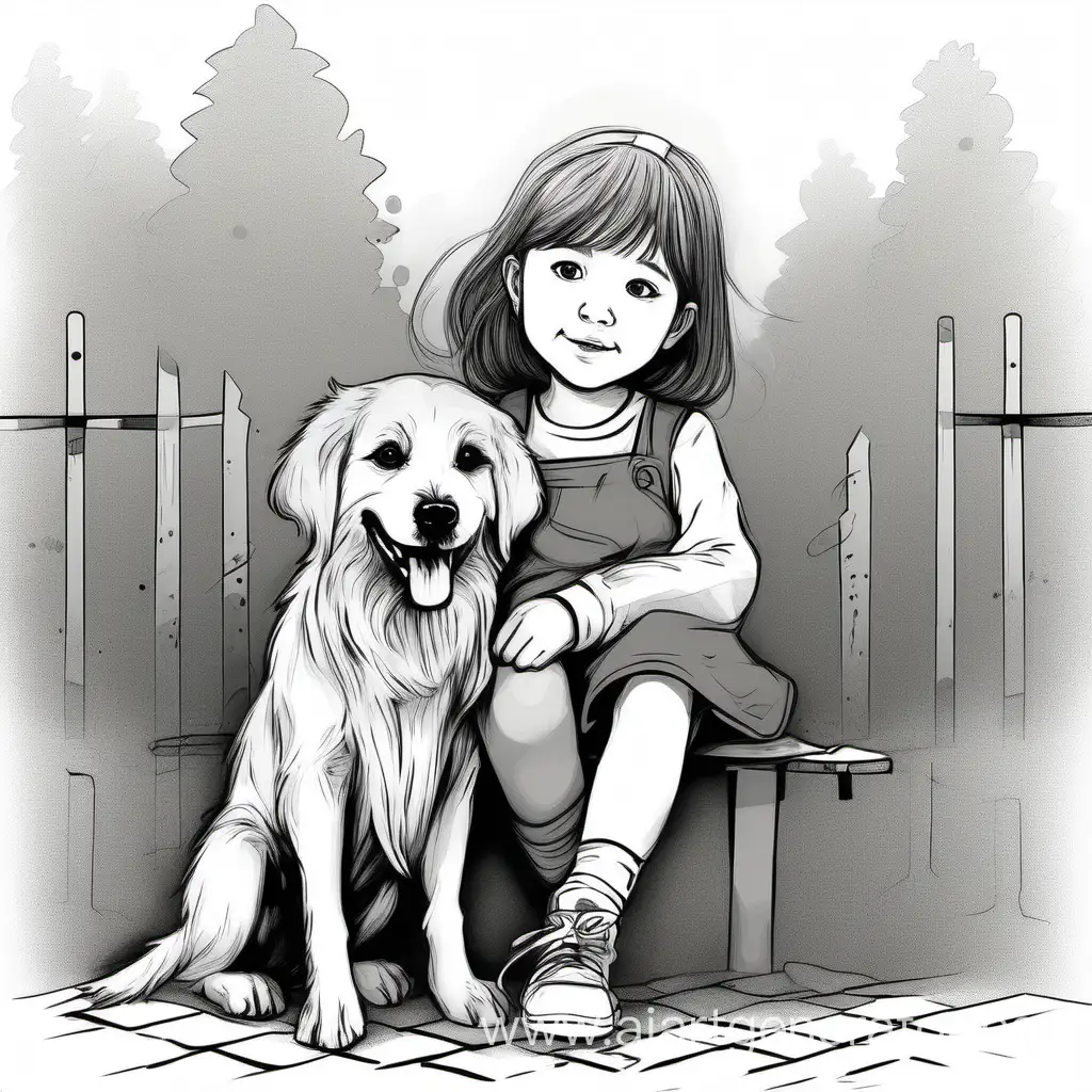 Маленькая девочка и верный пёс 2D рисунок 