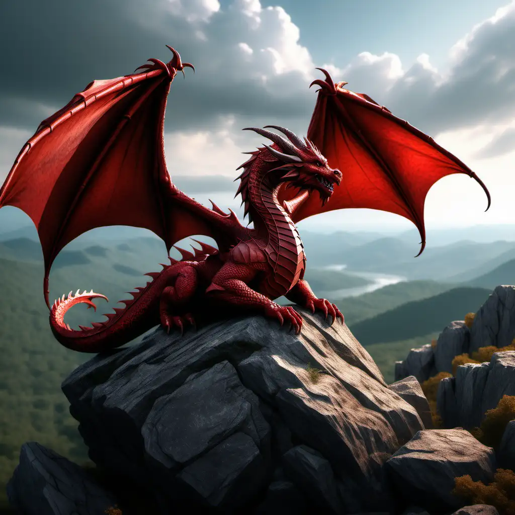 old red dragon, with wings folded, feeling at peace, and laying on top of a high rock mountain while looking out over the land below