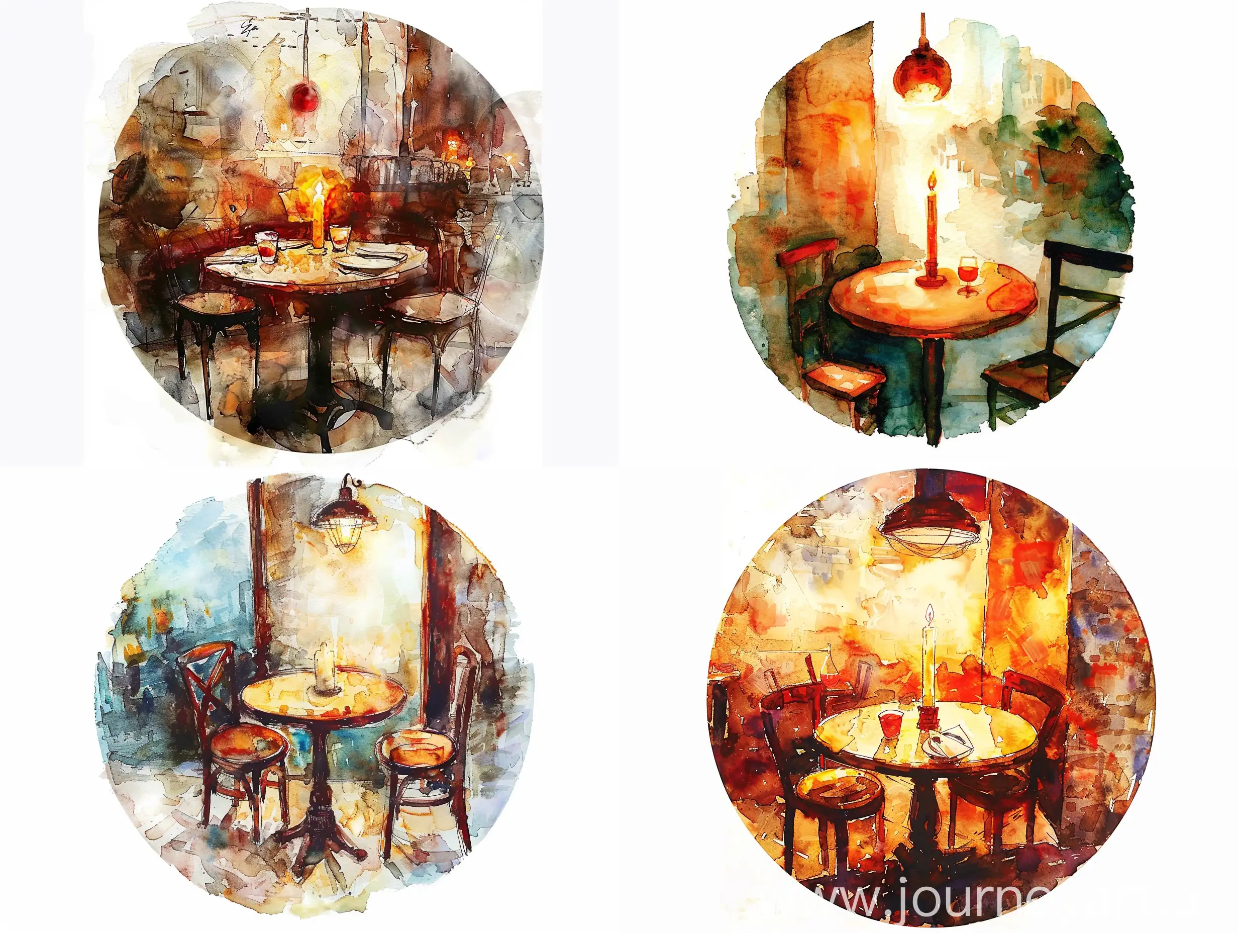a candlelit table for two in a quit corner of a busting restaurant, rromantic, mixed wet-to-wet technique of alcohol ink and watercolor, all in round shape, isolated on white background