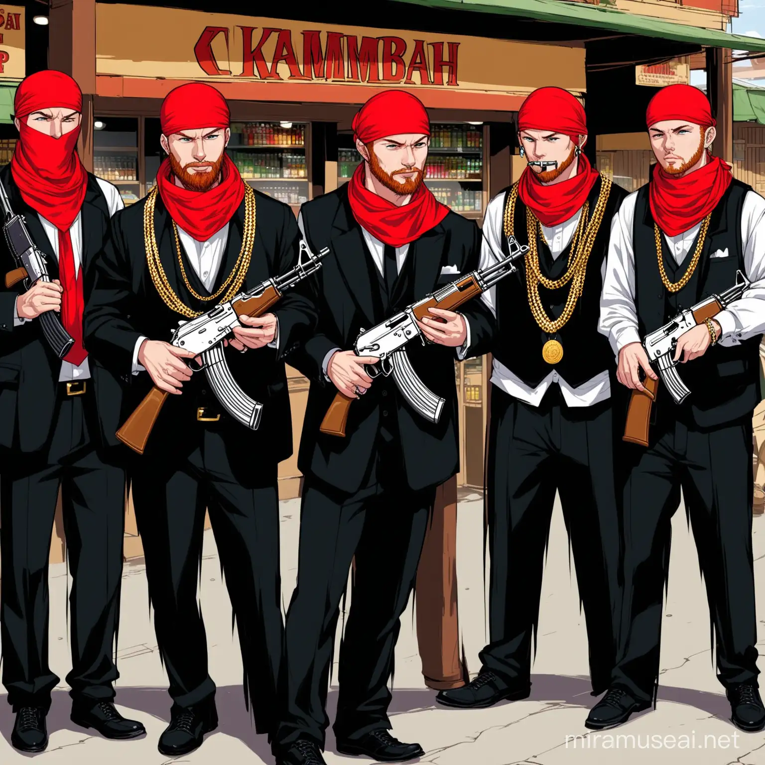 balding, red-headed irish man dressed as gangster wearing jewelled mouthpieces, gold chains, holding AK47s and wearing red bandana meeting with fellow gang members at Kambah shops.