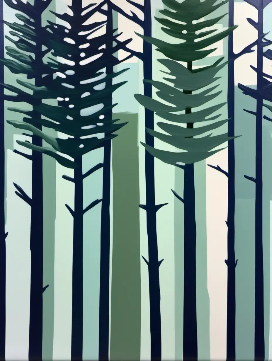 Modern Oil Painting of Tall Pines in Navy Sage and Mint