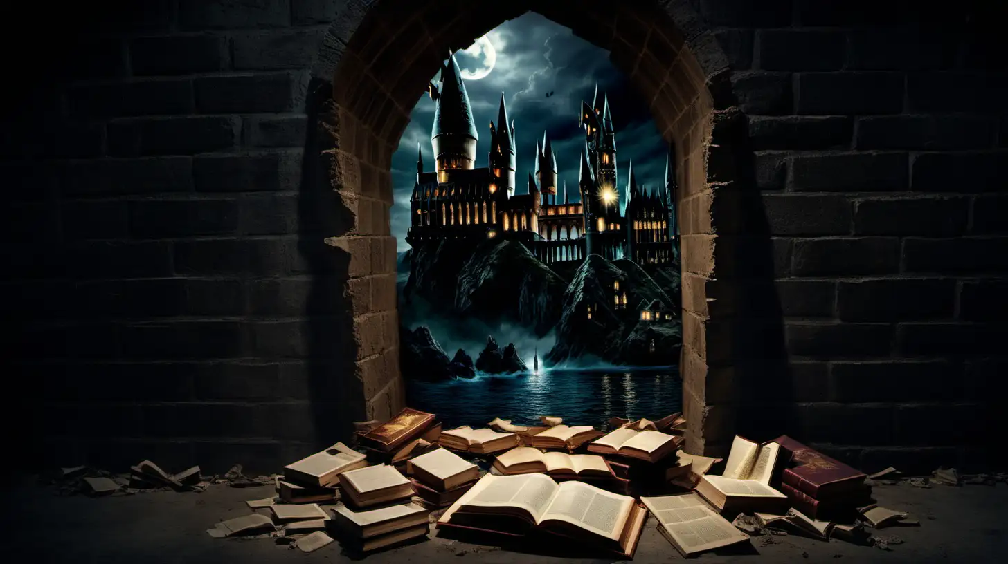 a broken wall revealing harry potter books on the other side, a dimly lit scene