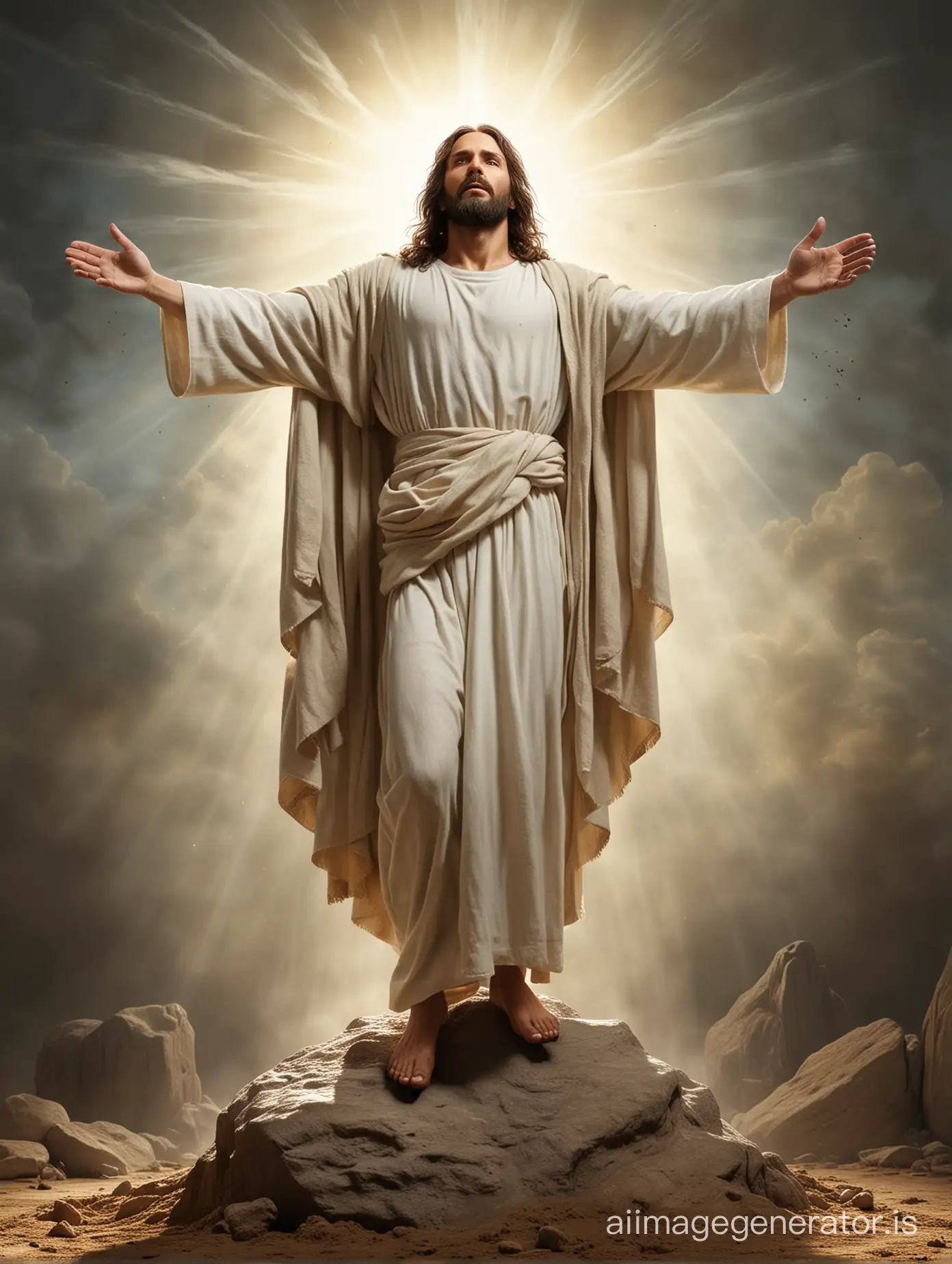 realistic picture of jesus resurrection, staring straight forward, full body, glory effect 
spread his arms, in tump

