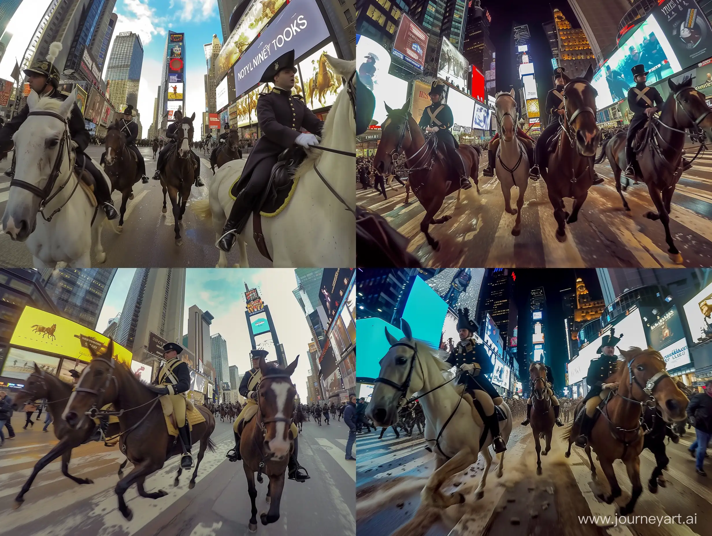 gopro footage of napoleonic cavalry storming through times square on horseback, pov, civillians running away in fear, horses running