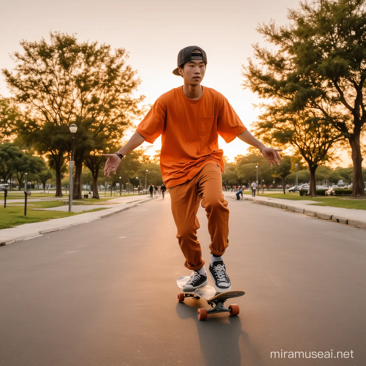 Asian Guy Skateboarding in Orange Sunset Park