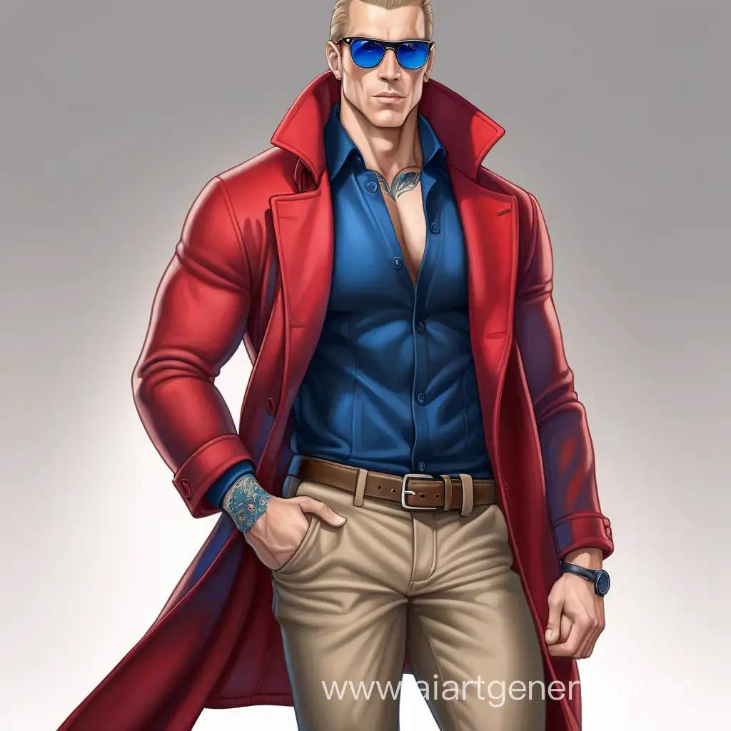 Slicked-Back-AshColored-Haired-Muscular-Man-in-Long-Red-Coat-and-Sunglasses