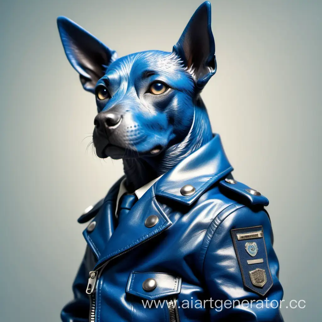 Blue-Humanoid-Dog-Wearing-Leather-Jacket-in-Uniform-Daylight