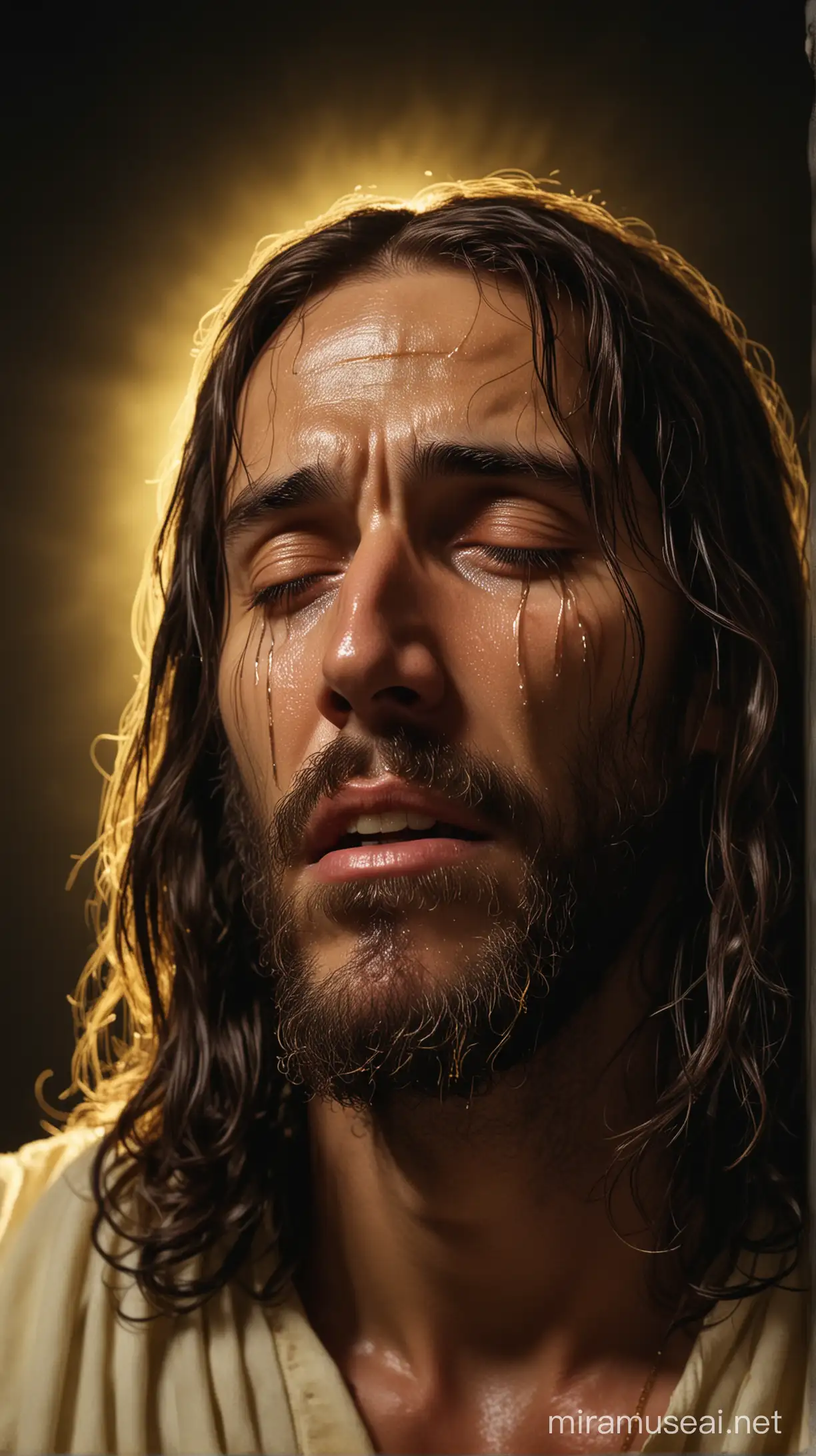  حضرت عیسی، در حال گریه و اشک ریختن، پس زمینه تاریک و نور زرد