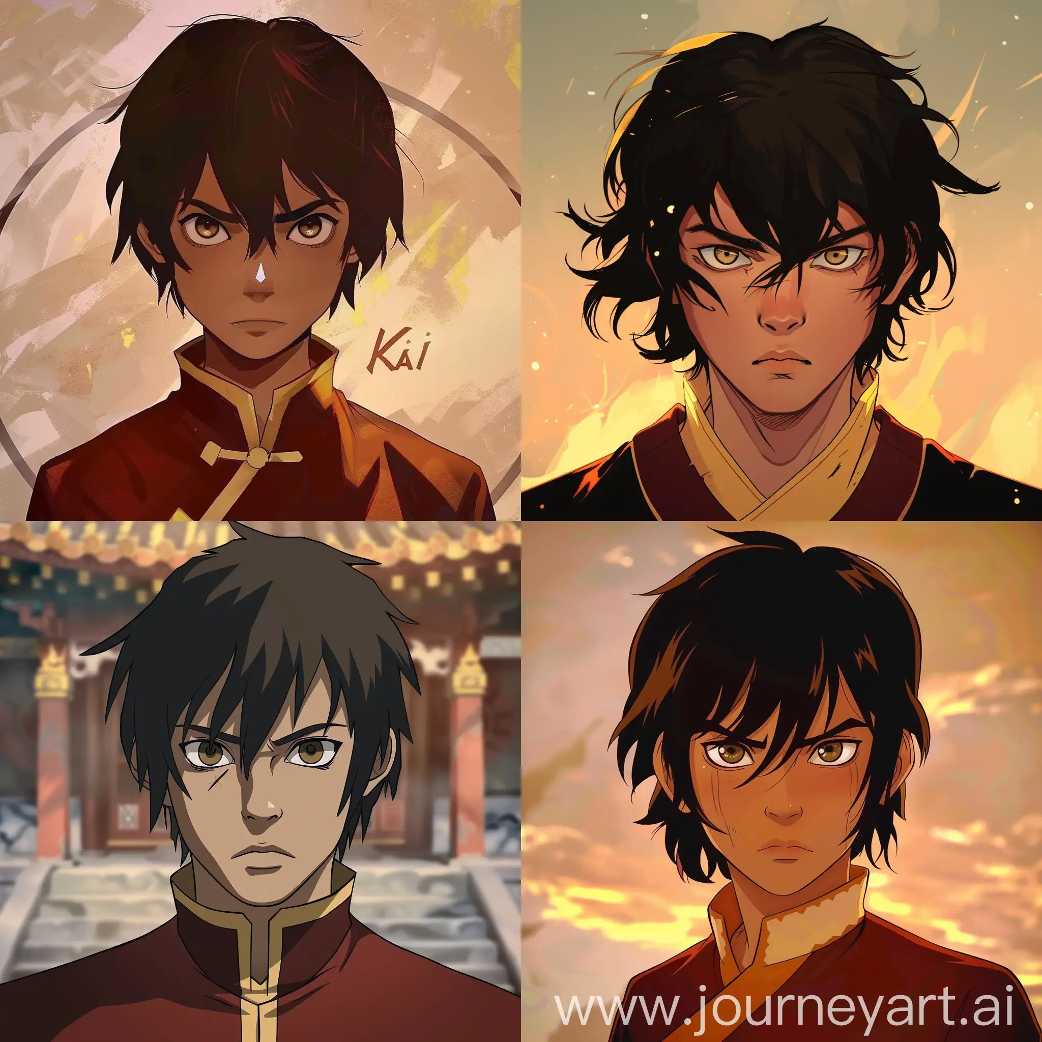 Name: Kai Age: 13 Description: Kai is a young Fire Nation citizen with a rebellious streak. His hazel eyes shine with determination and a deep-seated belief in a different future for his nation. Despite his black hair and Fire Nation heritage, Kai opposes the oppressive rule of Fire Lord Ozai. He believes in the prosperity of the Fire Nation through coexistence with other nations rather than through conquest and tyranny.  Kai's outlook sets him apart from many of his peers. While he respects the traditions and culture of the Fire Nation, he also recognizes the value of harmony and understanding among all nations. He dreams of a Fire Nation where people from all walks of life can live together in peace, where benders and non-benders alike can thrive.  Kai is confrontational in his approach to achieving peace, believing that strength and resolve are necessary to bring about meaningful change. He is not afraid to challenge authority or to stand up for what he believes is right, even if it means putting himself in danger. Despite his confrontational nature, Kai is not violent. He believes in using his strength to protect others and to create a better world for future generations.
