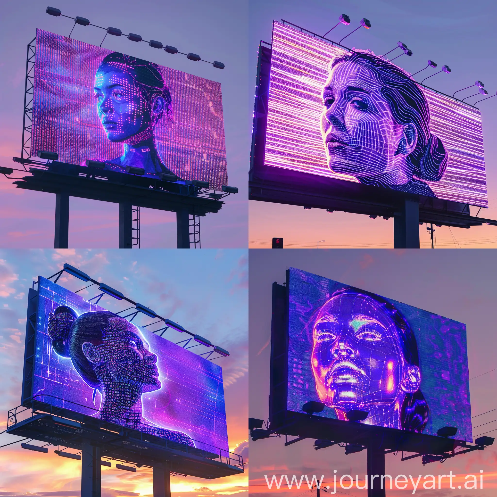 a purple blue holographic digital woman on the billboard, sunset time, style raw, concept, visuals, futuristic, close up