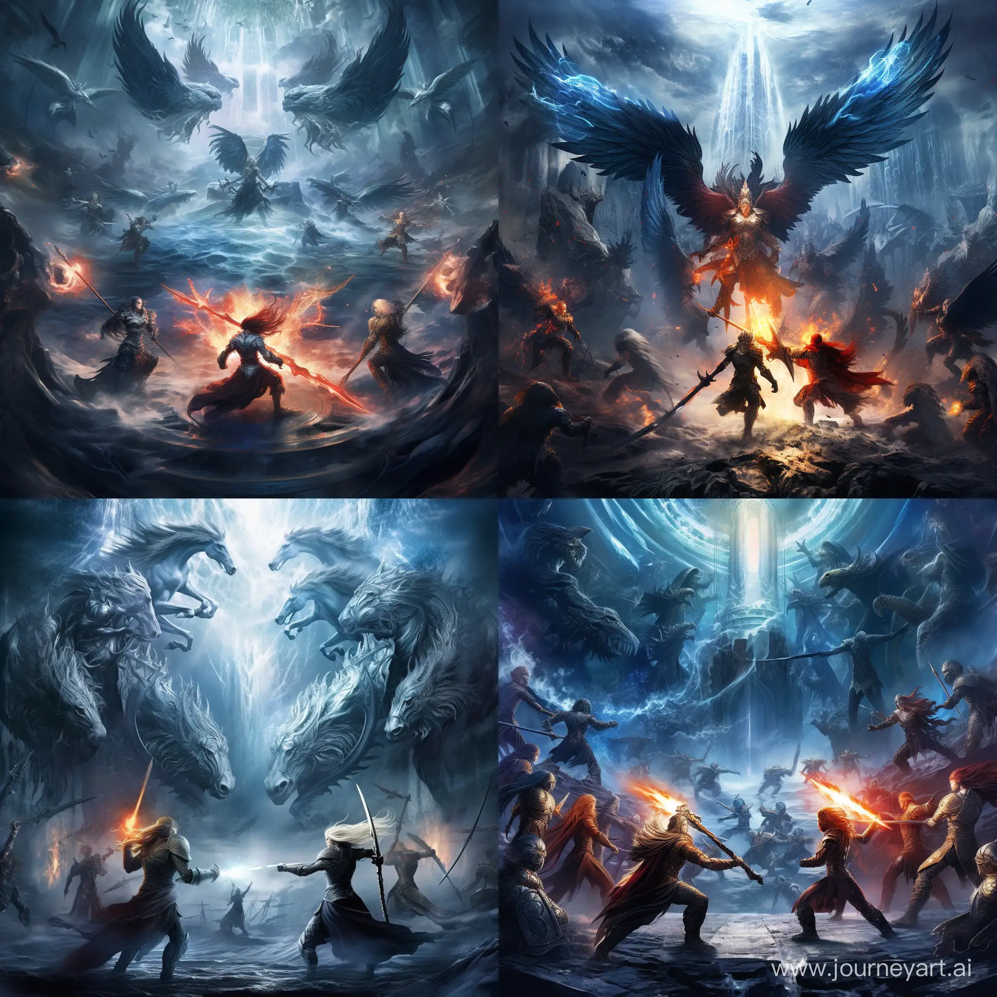 valkyries fighting alongside Thor wielding mjolner with lightning, battling ice giants, valhalla