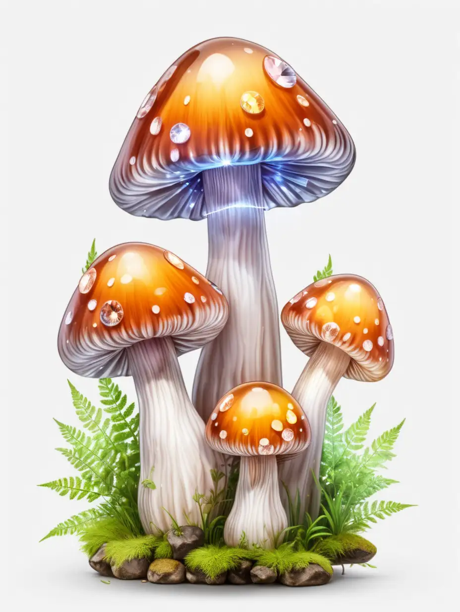cute crystal mushrooms, white background