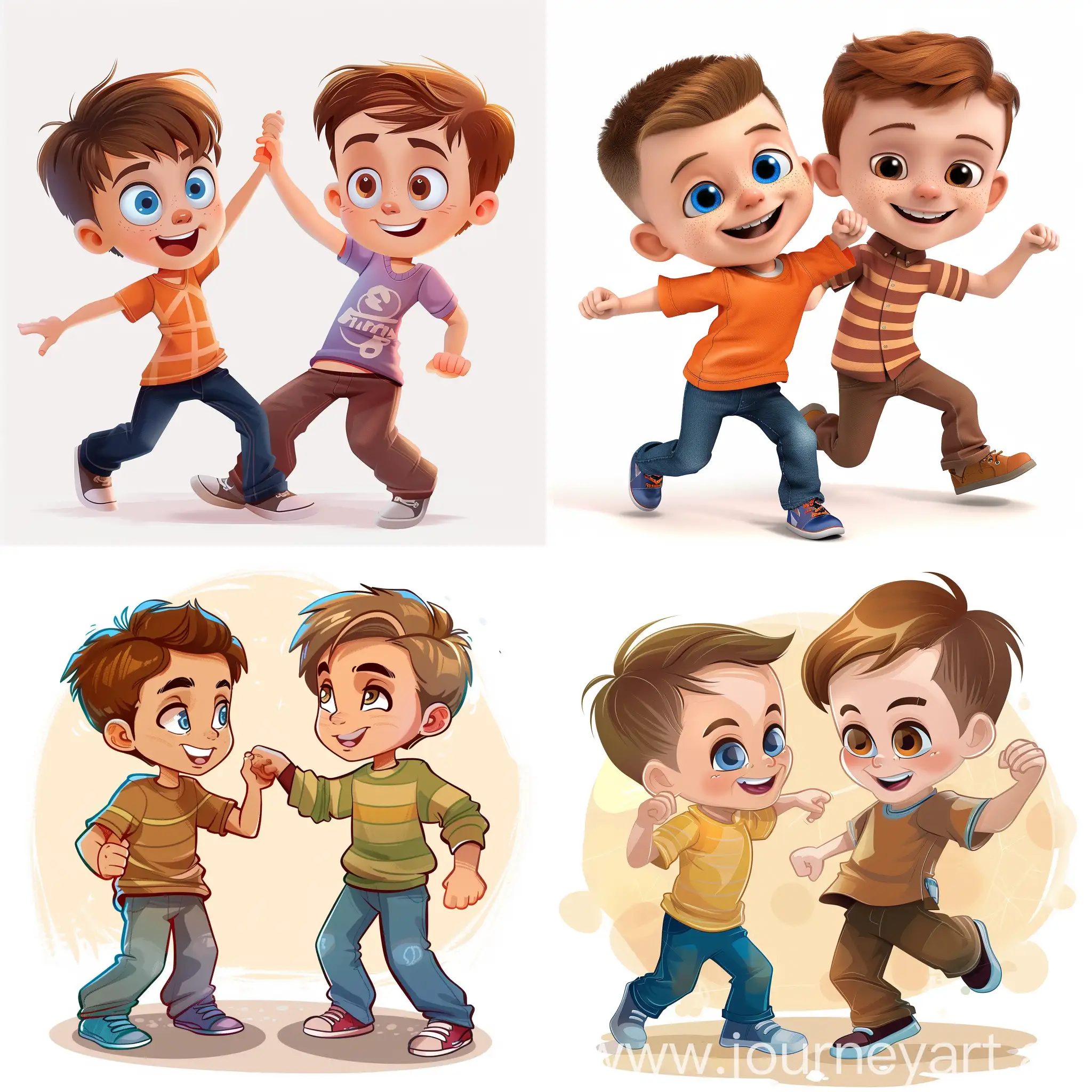7 year old boy, buzzed brown hair, blue eyes, next to an 10 year old boy, brown buzzed hair, brown eyes, dancing, cartoon