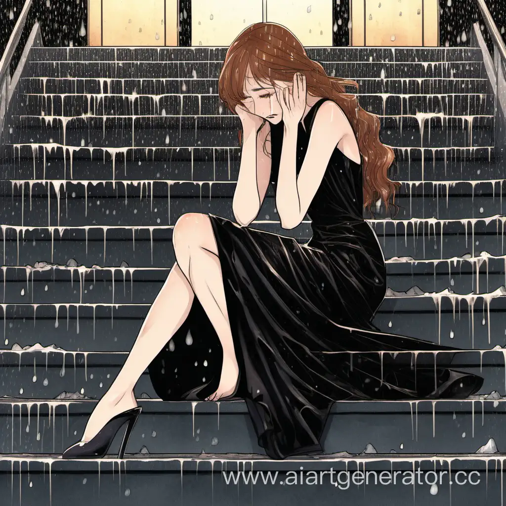 Девушка со светлой кожей,  каштановыми волосами сидит на ступеньках в чёрном вечернем платье и плачет, пока идёт дождь