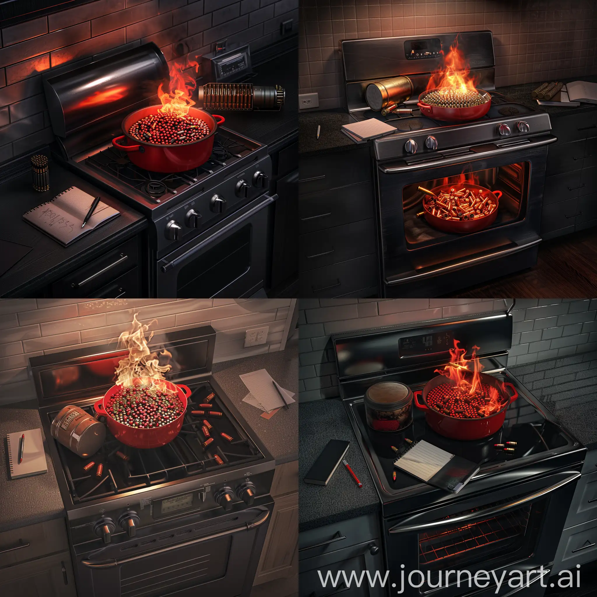a 4k hdr photo realistic digital  art image of a black stainless steel stove burning a red pot full of bullets, with a 50 round drum laying on top of the left rear eye of the stove , and a notebook and a small writing pen subtly off to the side of the stove 