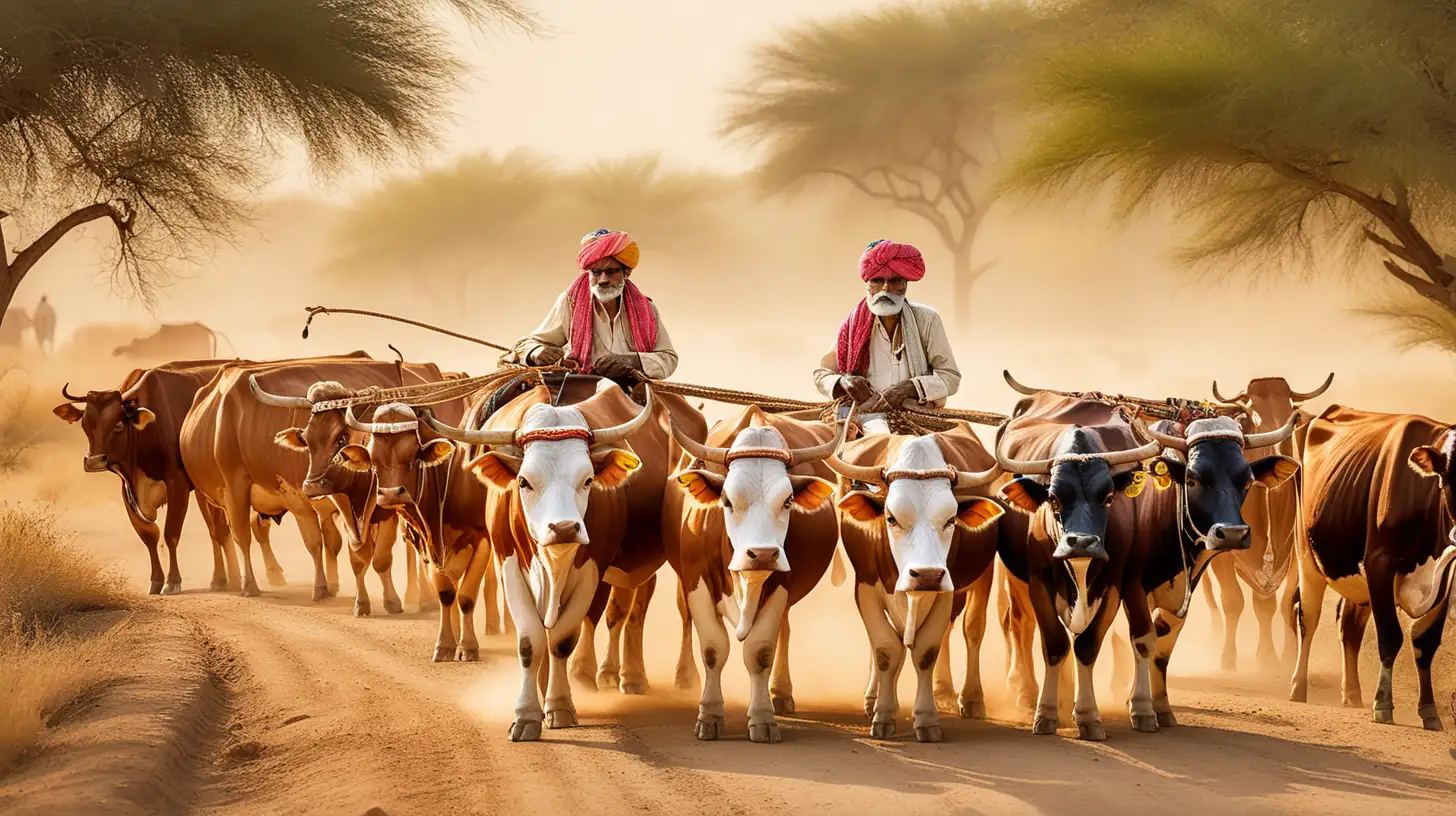 Generate an image of an elderly Rajasthani man in traditional attire leading cattle to graze in a rural setting. Capture the essence of the Rajasthani culture and the pastoral scene.