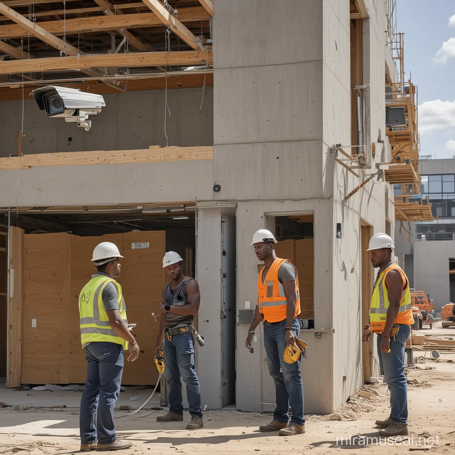 A sleek modern construction site, where (((African American construction workers))), some without shirts, are hard at work. One can see a (((CCTV camera))) positioned at the corner of the site, along with an (((access control system or biometric reader))) for logging in workers via fingerprint or facial recognition technology