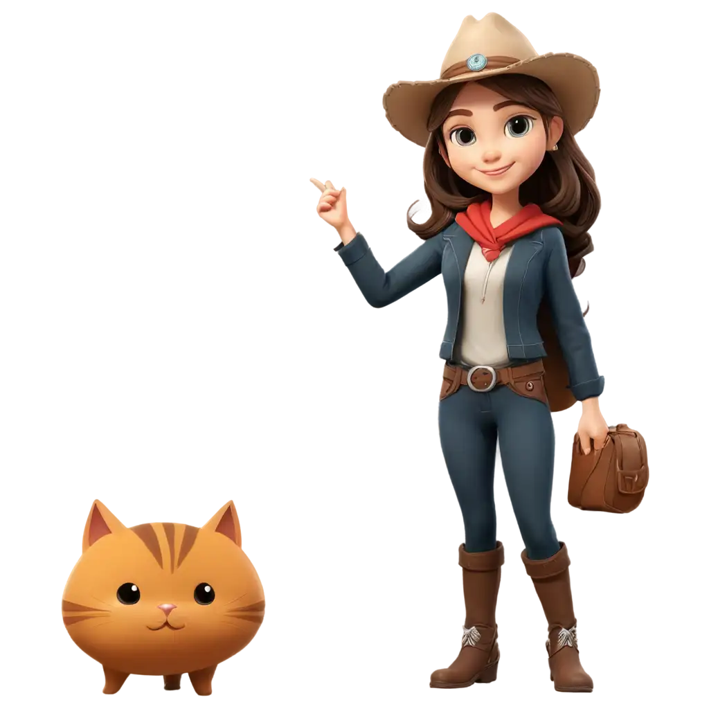A cartoon face girl wearing western clothes with cat
