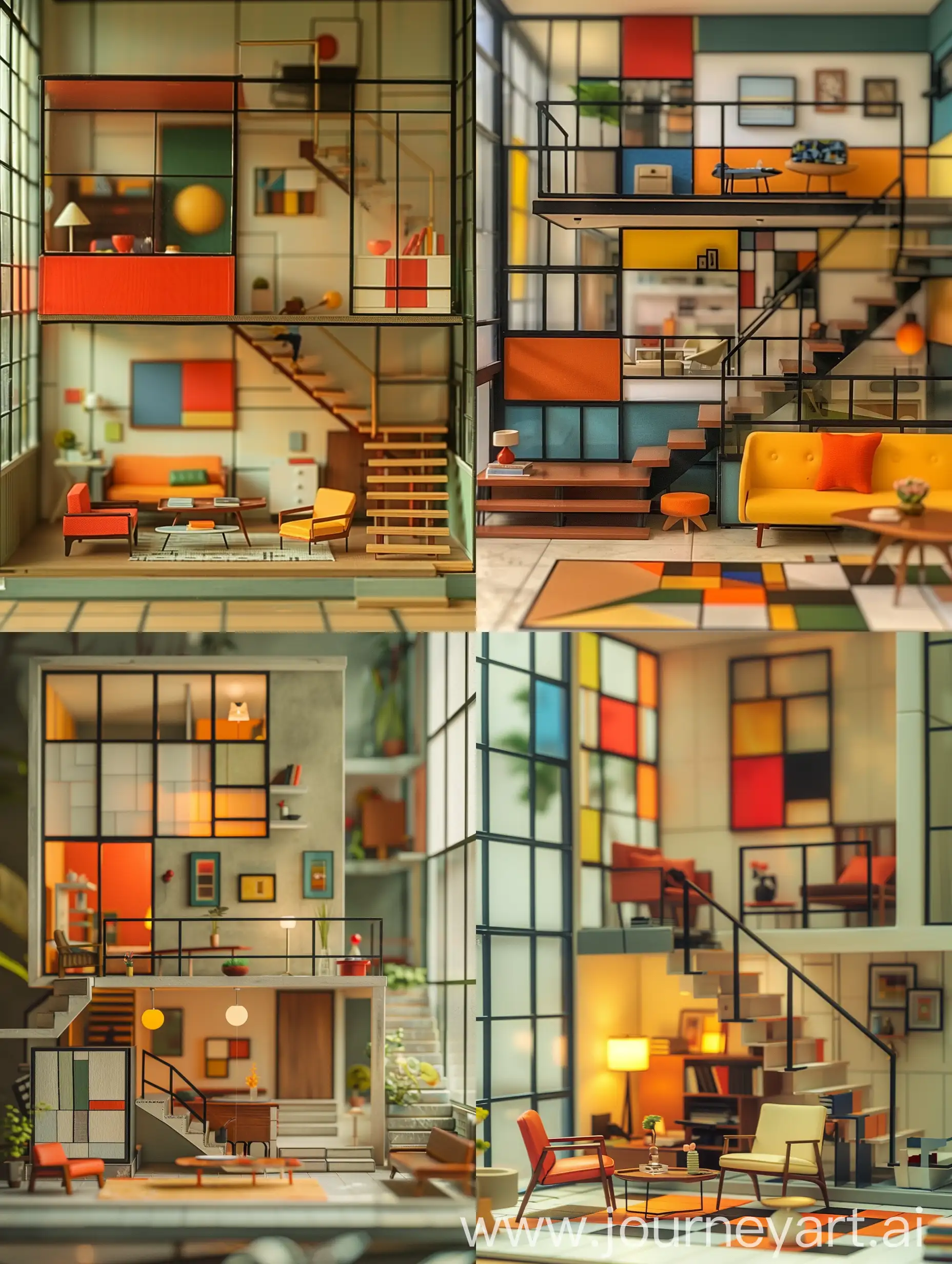 Miniature scene of interior of a retro duplex house, pivot photography, Mondrian decoration style, simple geometry, balanced and harmonious visual effects, simple furniture and decoration, stairs, windows, Mondrian colors, simple lines, simplified colors, abstractions and simplifications, retro aesthetic mood, cinematic effects, light space art, Mondrian texture, visual aesthetics, rich details, miniature scene of living room in Mondrian decoration style, masterpiece --ar 3:4 --chaos 4 --s 225 --v 6