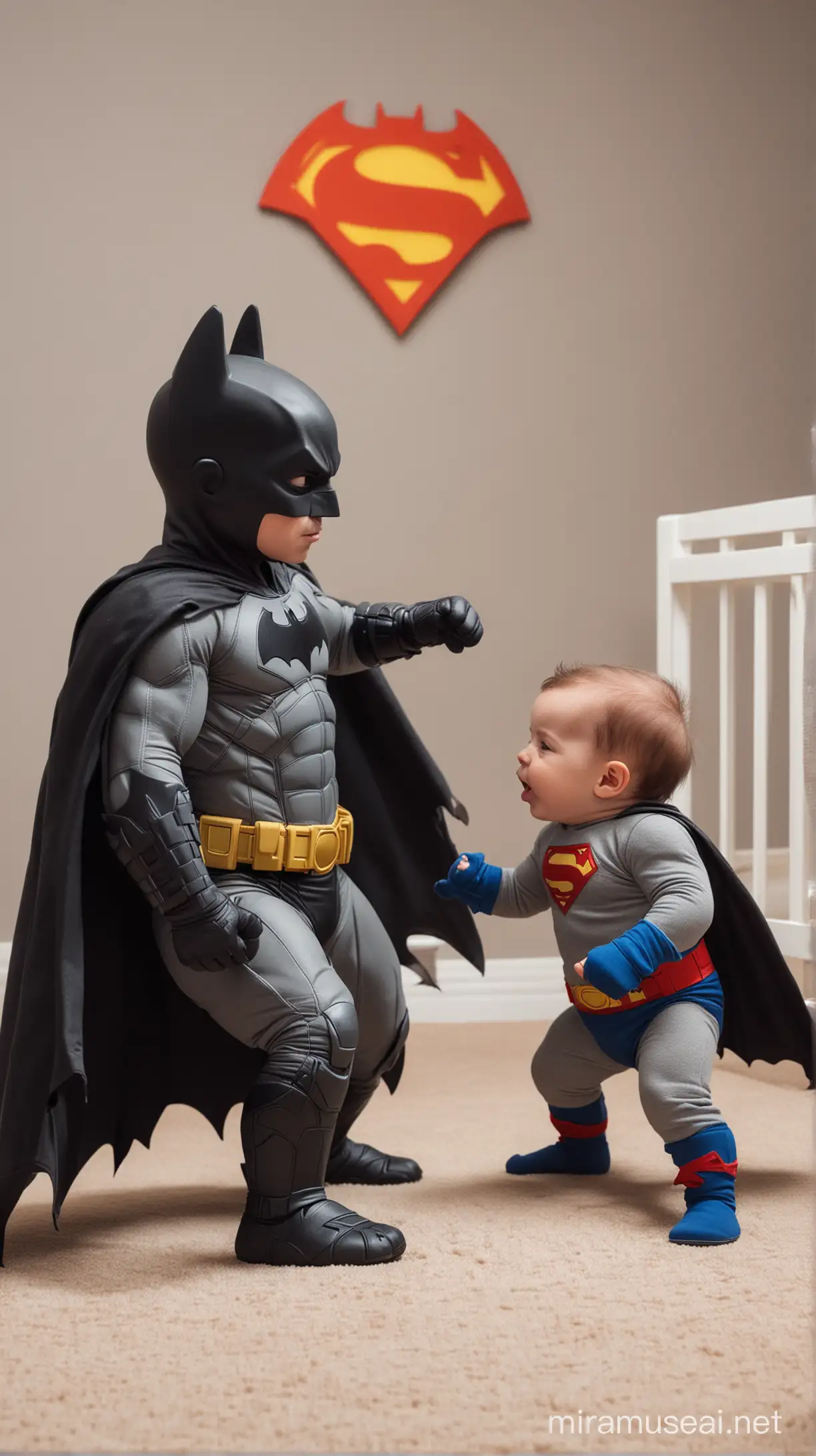Infant Batman and Superman Playful Battle in a Childs Bedroom