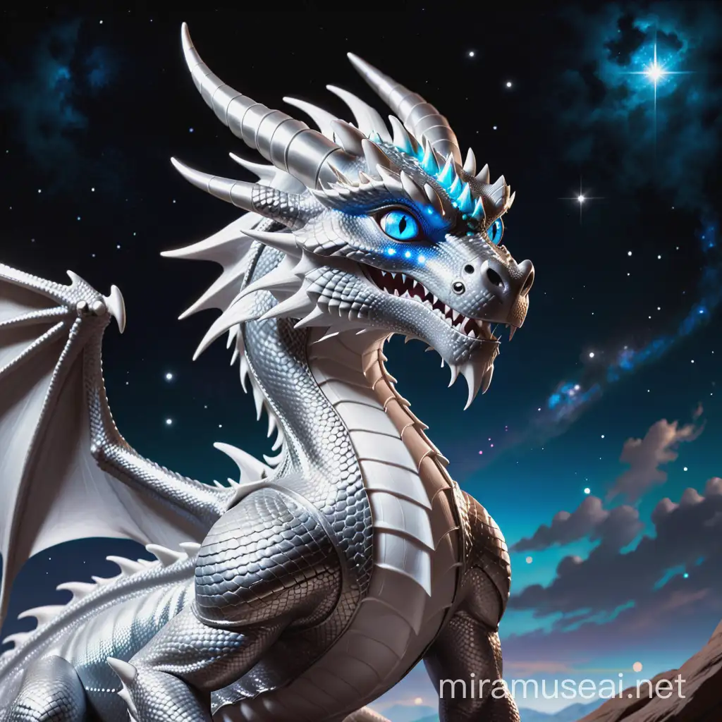 Majestic Silver Dragon Gazing at Starlit Sky
