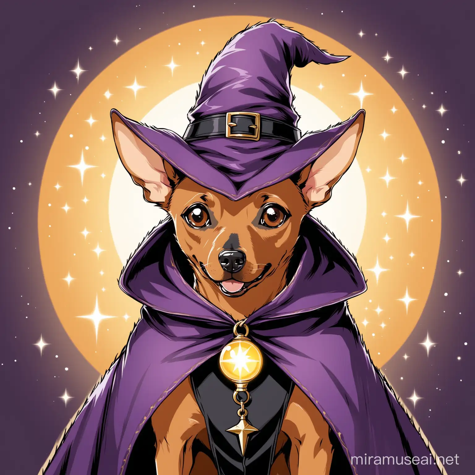 light brown pinscher dog dressed as a warlock