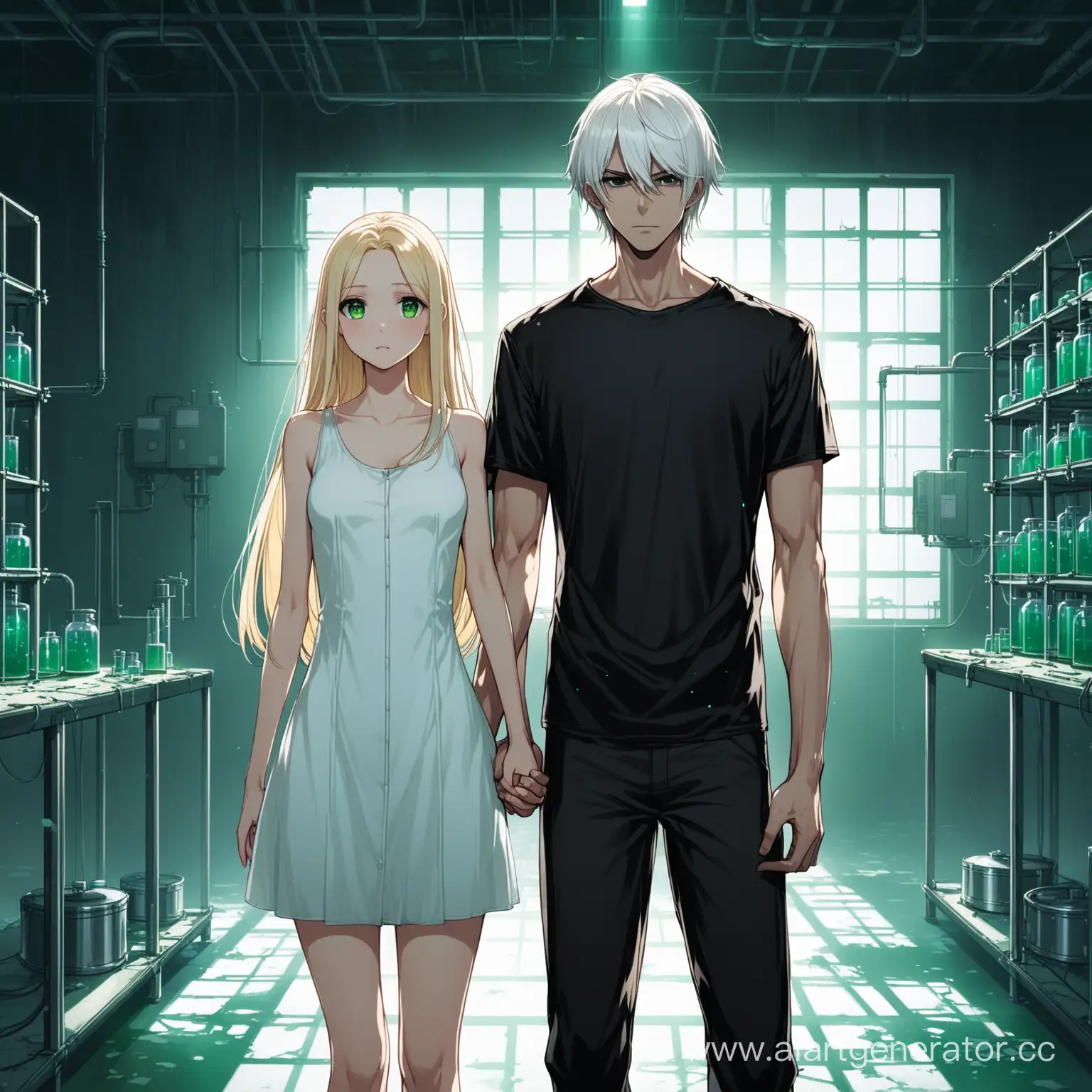 beautiful low girl, long blonde straight hair, green eyes, she is wearing a semi-transparent short dress, she is in an abandoned laboratory for experiments, a very tall and skinny guy with short white hair and black eyes, he is wearing a black shirt, He stands next to her and holds her hands tightly