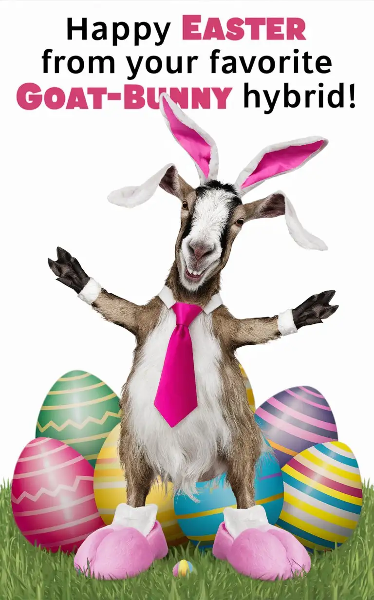 Happy Easter Meme with a goat dressed like a Easter Bunny