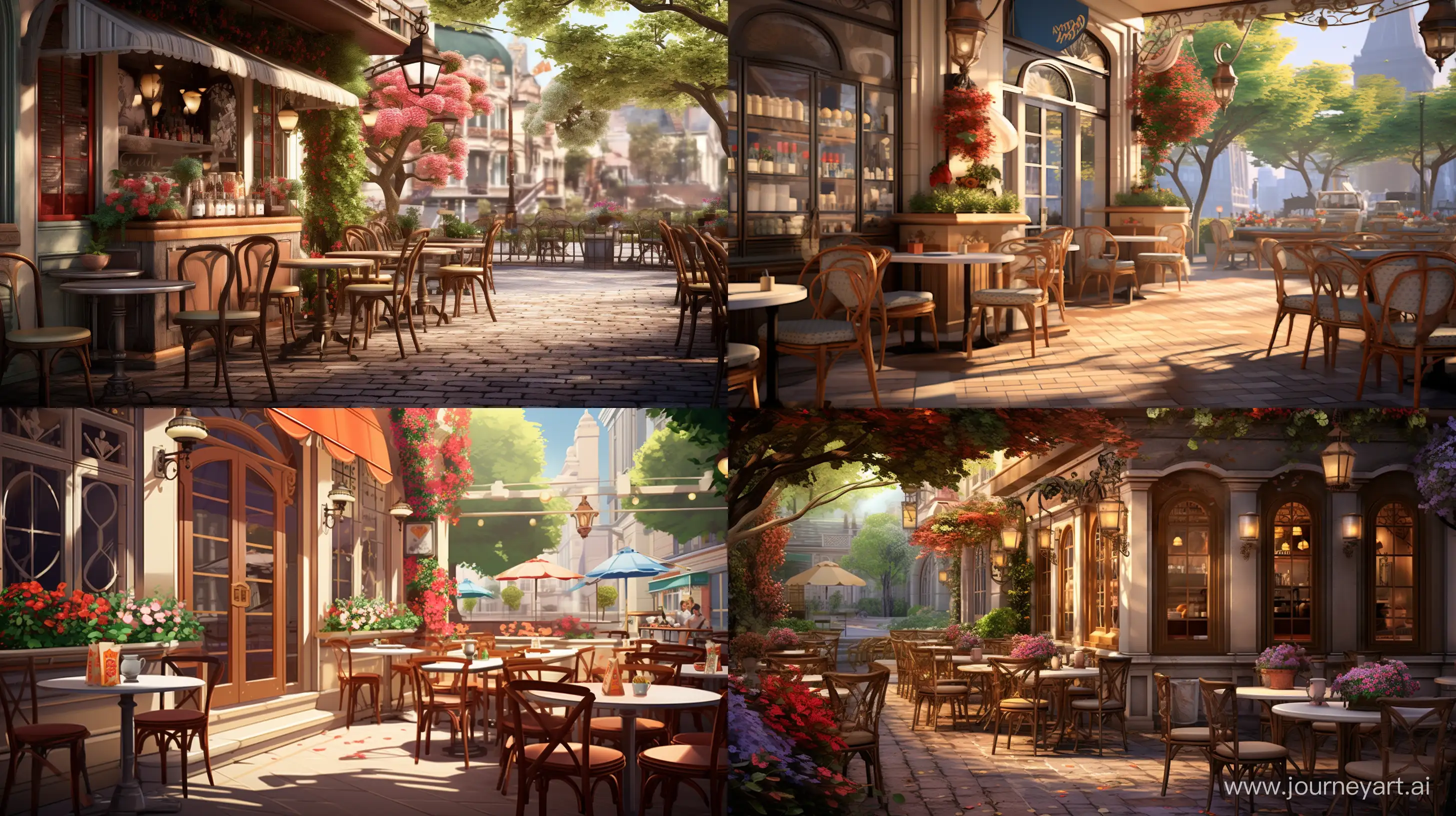 Charming, European-style cafe with outdoor seating and delicious pastries, cozy, ambiance, high-quality, realistic --ar 16:9