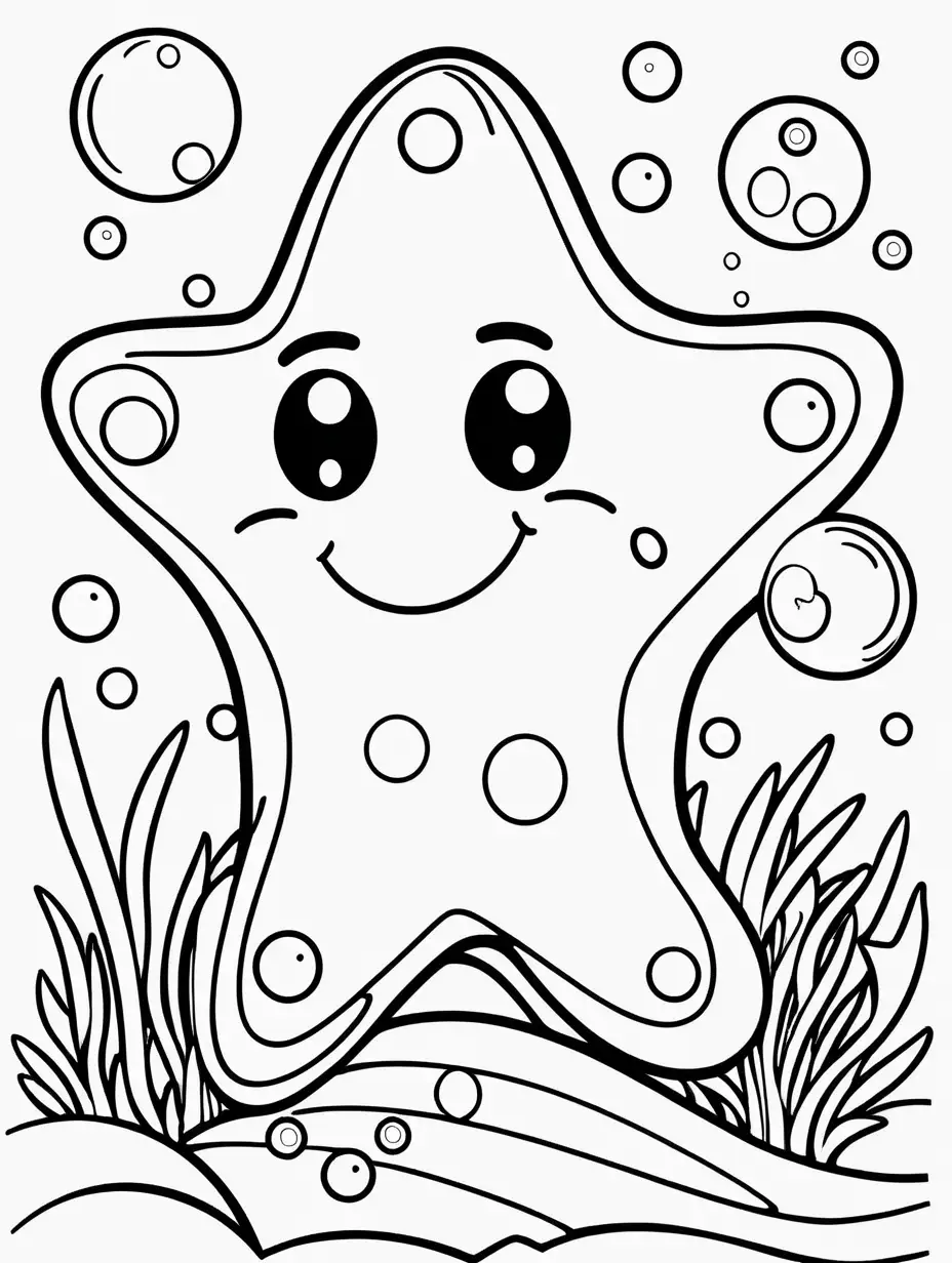 Very easy coloring page for 3 years old toddler. Smile starfish and bubbles. Without shadows. Thick black outline, without colors and big details. White background.