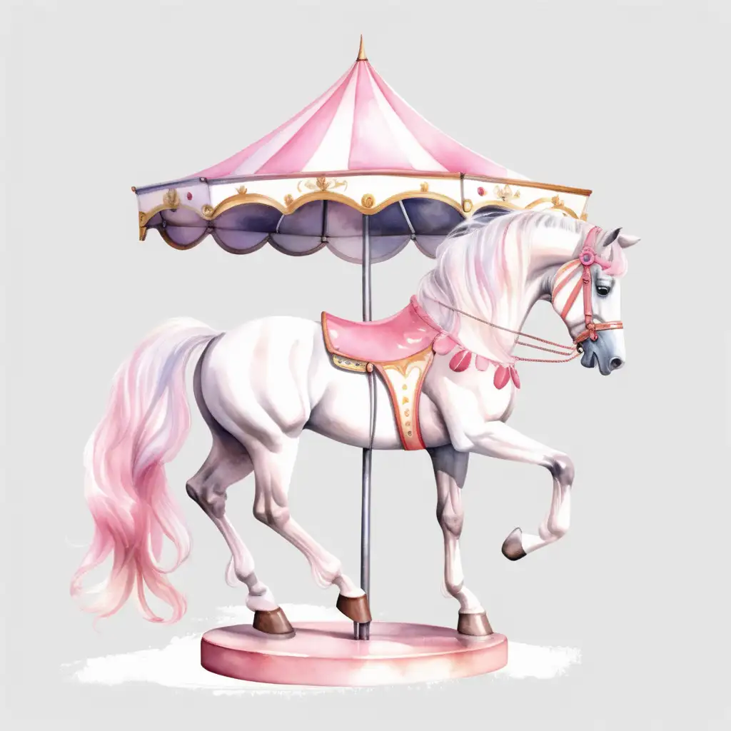 Single white and pastel pink carnival horse, on a pole with a small decorative canopy, watercolor style isolated on a pure white background, with no canopy, horse and pole only


