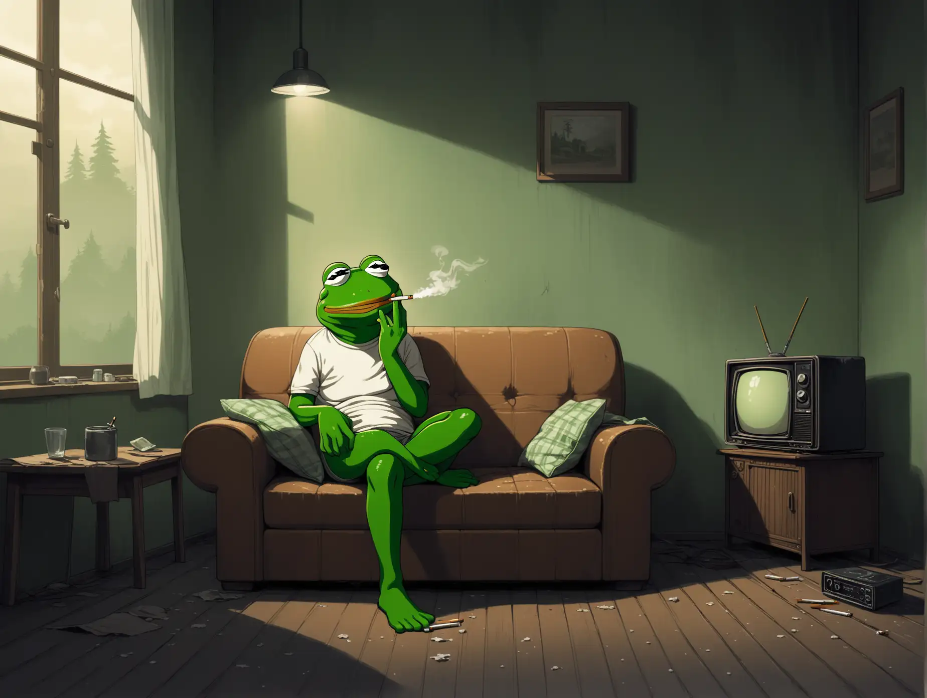 Pepe the Frog sits at home in a gloomy atmosphere, in a dirty white T-shirt, watching TV, a cigarette in his hand, and stubble on his face.
Pepe could be depicted sitting on a sofa or old armchair, a smoking cigarette in his hand. The image of Pepe could be realistic and a bit sad to underline the gloomy atmosphere.
The color palette might be dark and gloomy, soft transitions from dark to light are possible. The background could incorporate details of a living room, such as an old television, stuff scattered around the room."