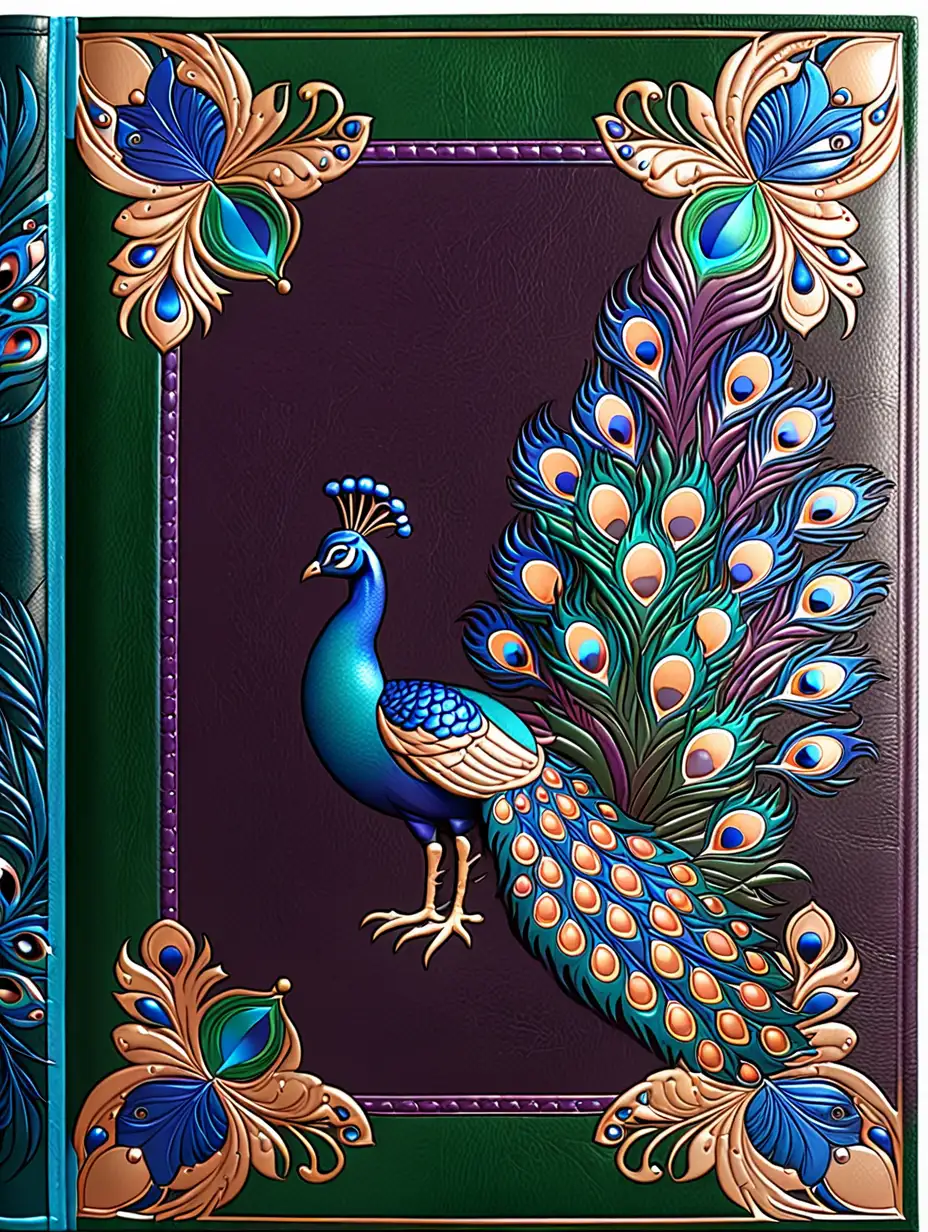 The leather front cover of a book adorned with the color scheme of small peacock, having only a narrow border surrounding an ample, smooth customizable area.