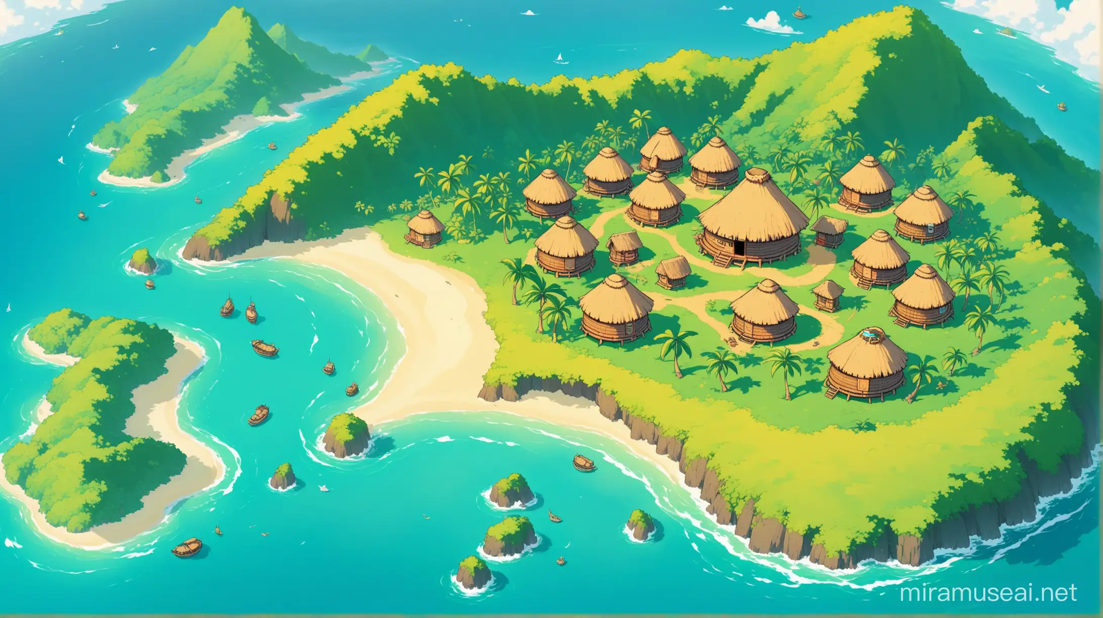 Prise de vue aérienne un peu de côté d'une île, avec une montagne avec des cases mélanésiennes rondes, style dessin en couleur, avec une inspiration wakfu