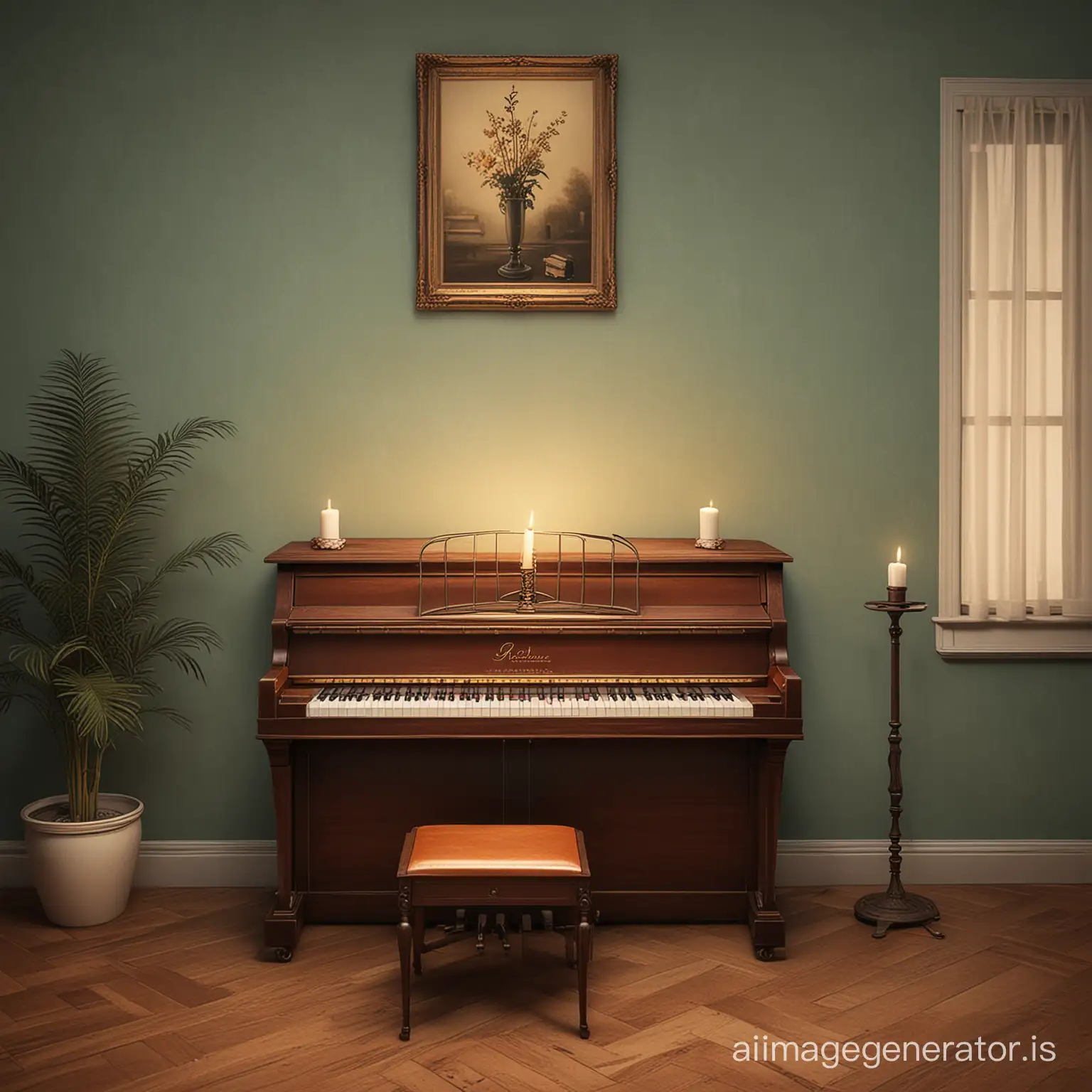 A 1920s piano in an empty room, in the late evening, in a slightly illustrated vintage style, in the style of a 1920s poster, in a vintage whimsical style , with a candle stick on top of the piano
