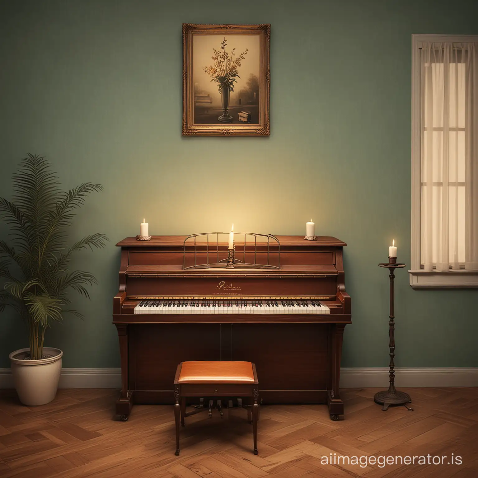 A 1920s piano in an empty room, in the late evening, in a slightly illustrated vintage style, in the style of a 1920s poster, in a vintage whimsical style , with a candle stick on top of the piano 