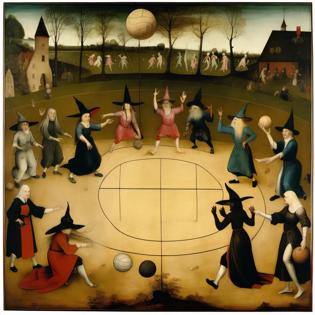 bosch painting depicting a group of female witches and male wizards of different ethnicities playing volleyball