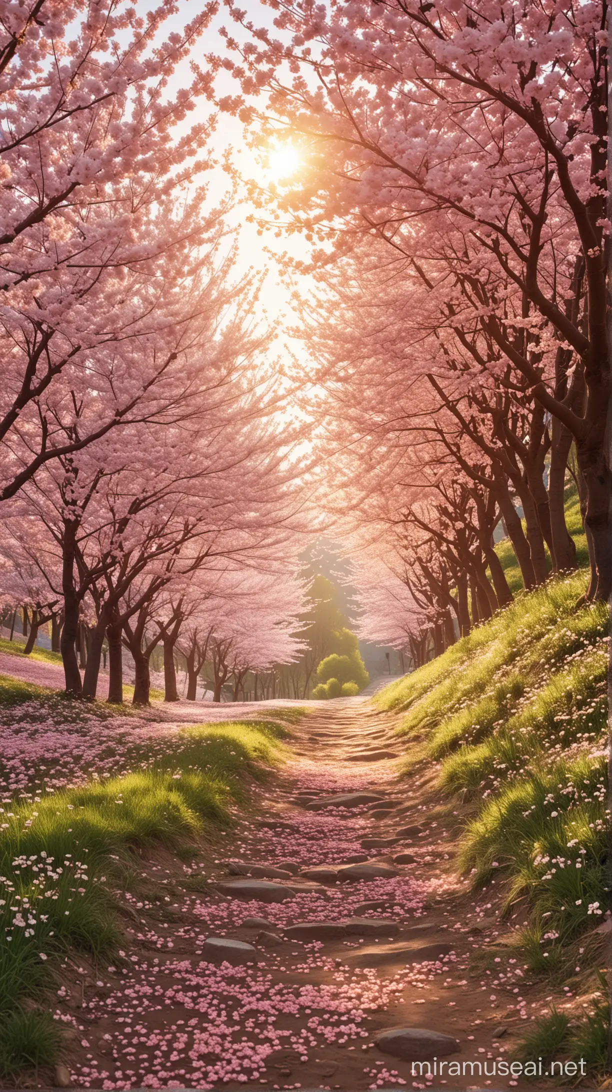 A breathtakingly beautiful real-life photograph of a small hill lined with first bloomed cherry blossom trees, the plenty of cherry blossom petals, sunlight filtering through the petals creating a serene and magical atmosphere, masterpiece,best quality, highres, 8K photograph, Nikon