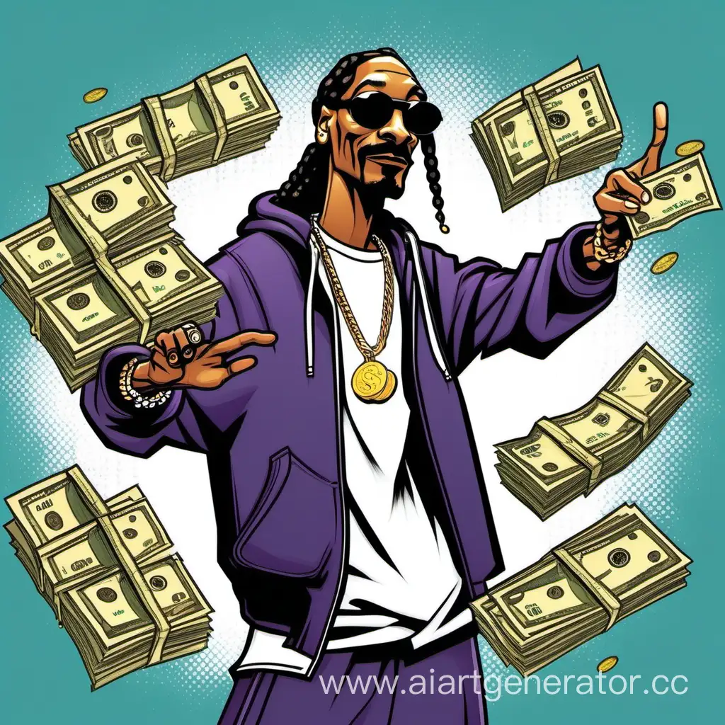 Cartoon character rapper Snoop Dog counts a wad of money in his hand and throws it