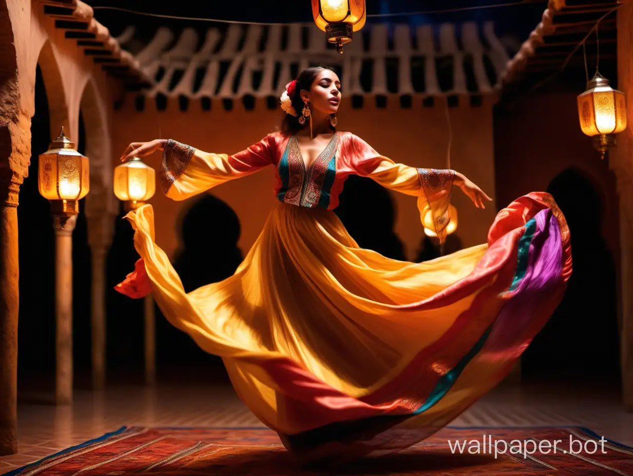 Imagine a stunning Moroccan woman gracefully twirling and spinning as she dances on a candle-lit table, her colorful silk garments shimmering in the soft glow of the lanterns around her. Capture the ethereal beauty of her movements and the hypnotic rhythm of her dance as she enchants those around her with her mesmerizing performance. style of velazquez romantic 