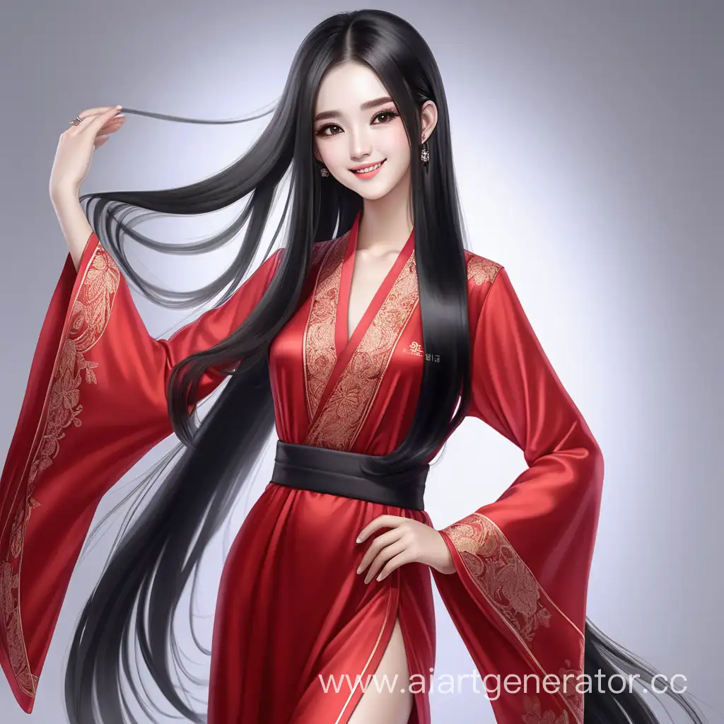Generate a girl of 25 years old with long black straight hair to the waist, elongated face, sharp facial features, white skin, sly smile, slim body, wearing one silk red robe