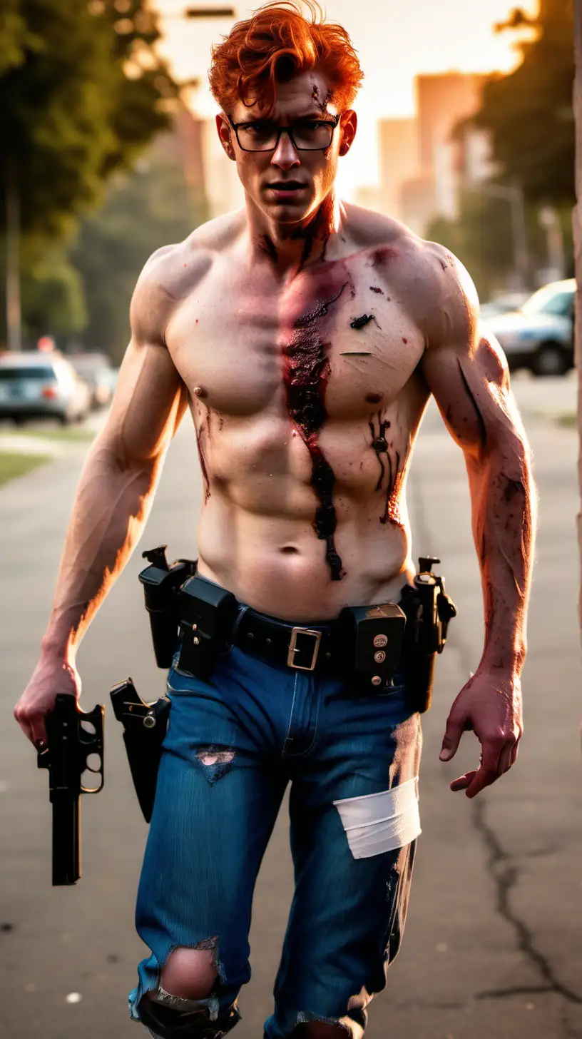 Handsome detective, redhead, glasses, 5 o'clock shadow, shirtless, police badge, pistol, torn worn out jeans, injured, bleeding,  bandaged , show hairy chest, show abs, show legs, muscular, full body shot, sunset, running to rescue the viewer