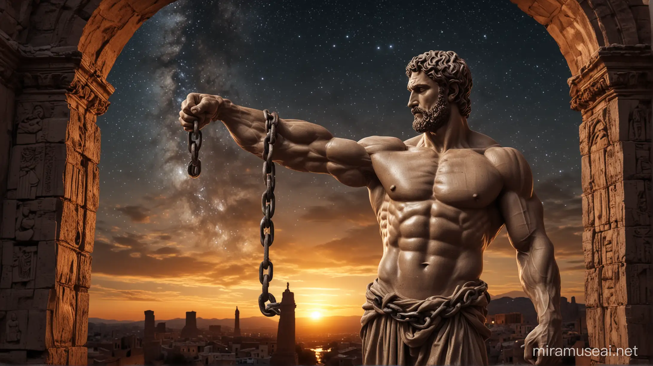 Stoic Muscular Statue Holding Chain Against Dark Sunset Background