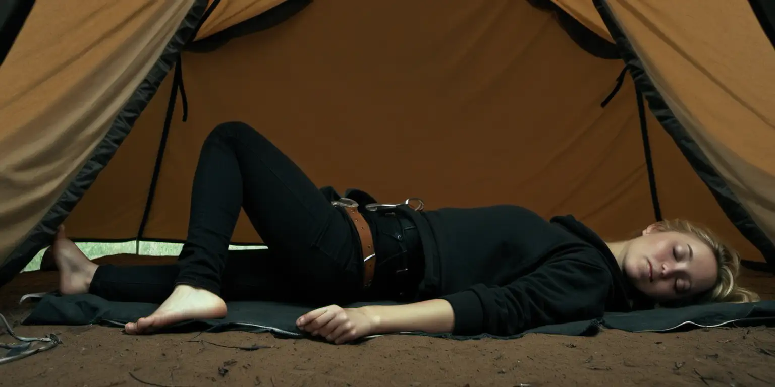 Dark Blonde Woman Sleeping in Cozy Nighttime Tent