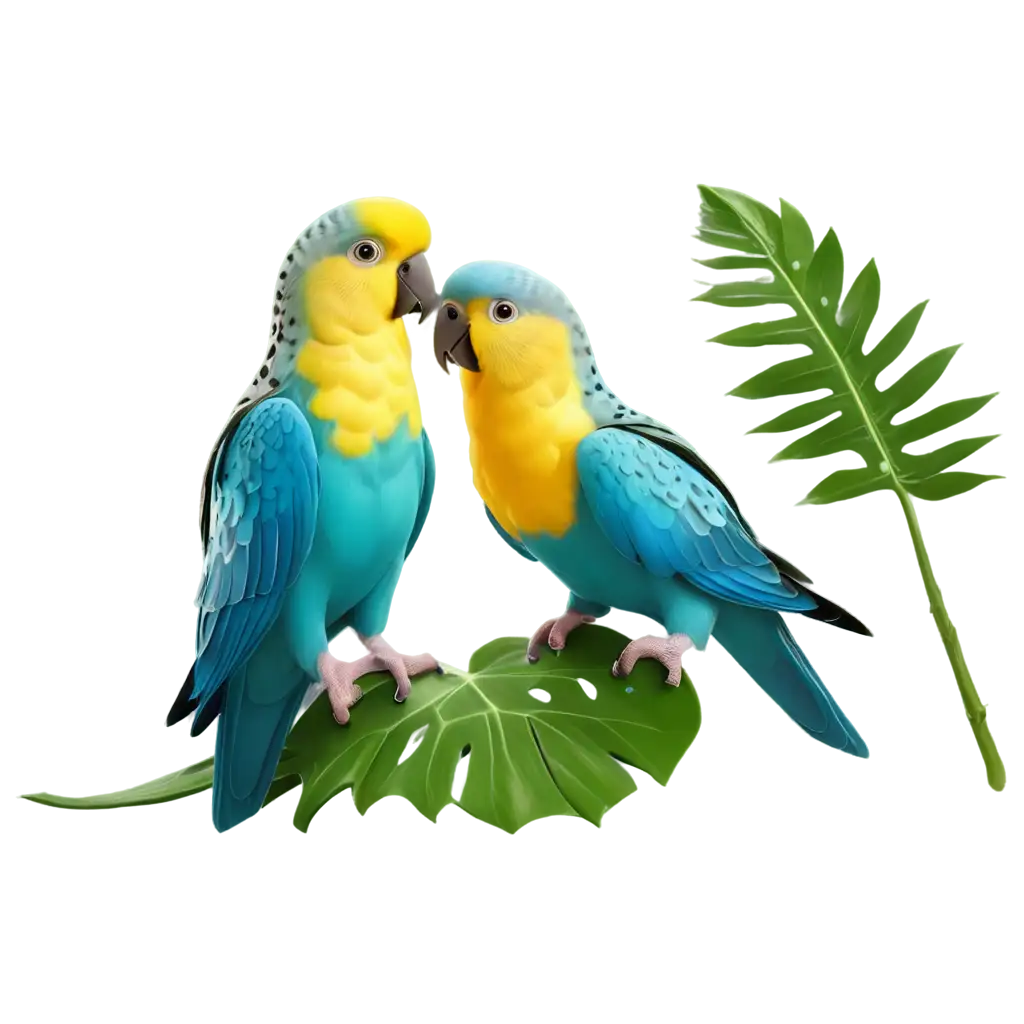 3D-Render-PNG-Image-Featuring-Lovebirds-Budgies-Exotic-Flowers-and-Monstera-Leaves-Vibrant-Nature-Concept