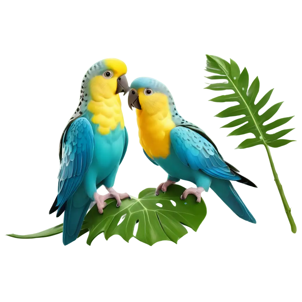 3d render, birds, lovebirds, budgies, exotic flowers, monstera leaves