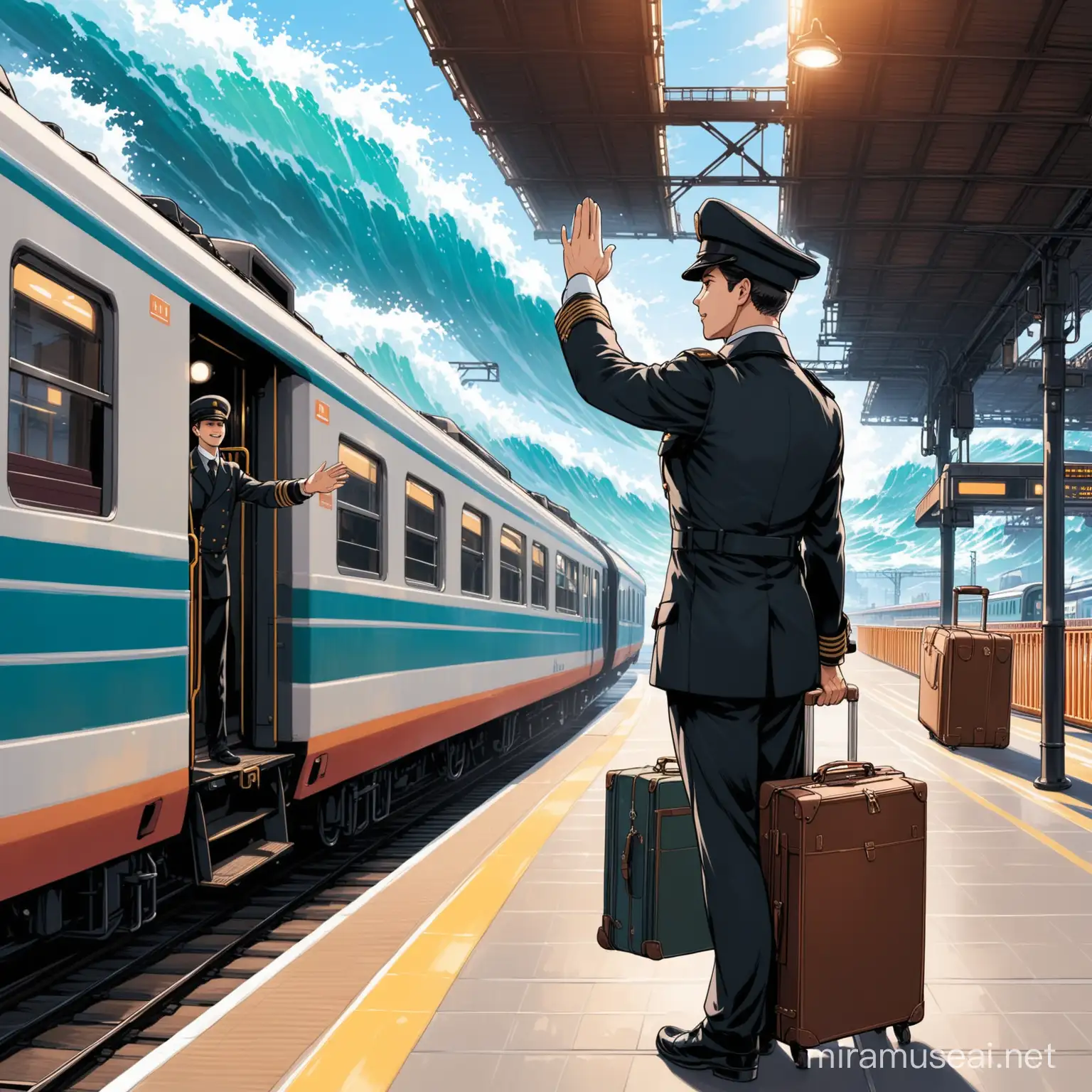 Conductueur in front of an train on a perron and waves to a passenger with a suitcase
